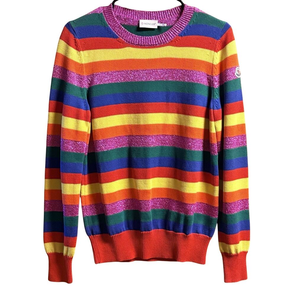 NWOT Moncler Sweater Womens Size M Multi Color Striped Lightweight Knit Crewneck